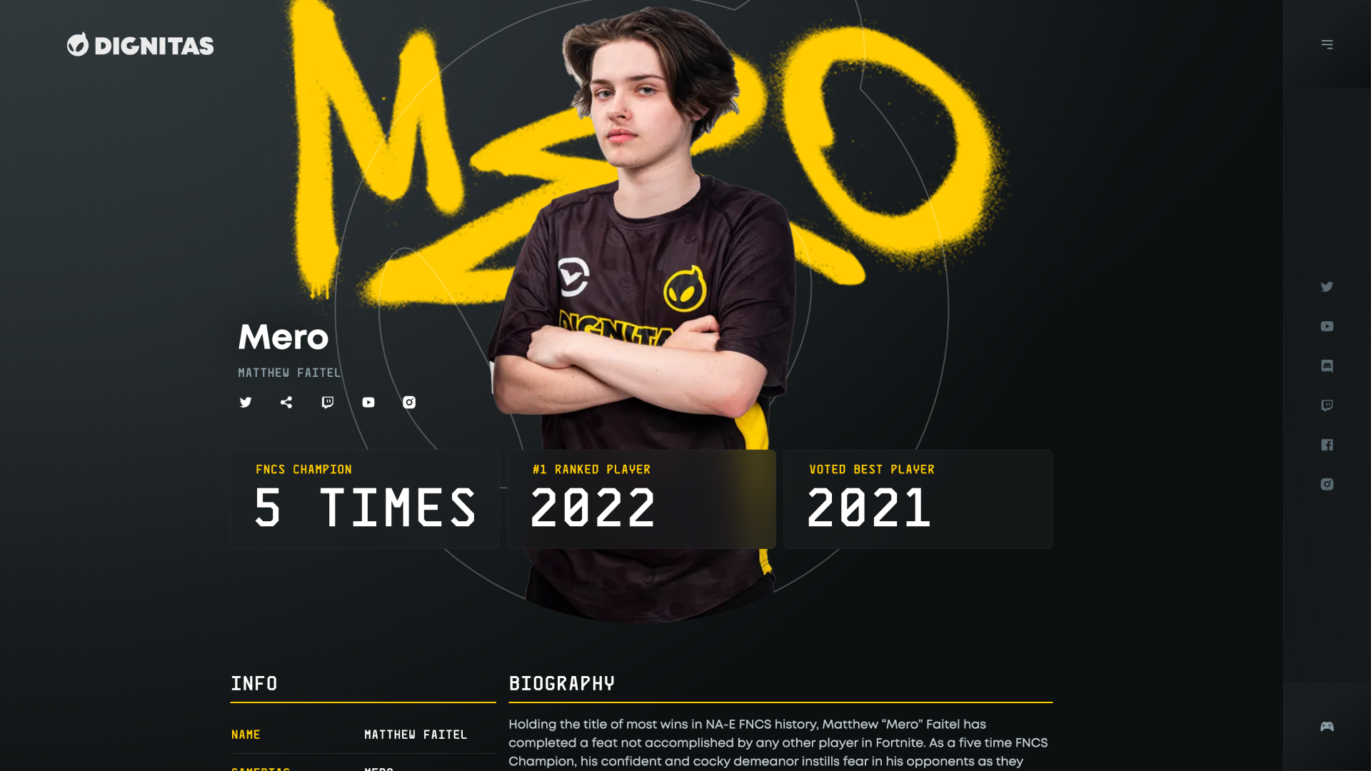 A screenshot from a dignitas.gg player page. An esports player posing for a headshot. Their name is in graffiti behind them. Data about their achievements is displayed below. The style is very modern.