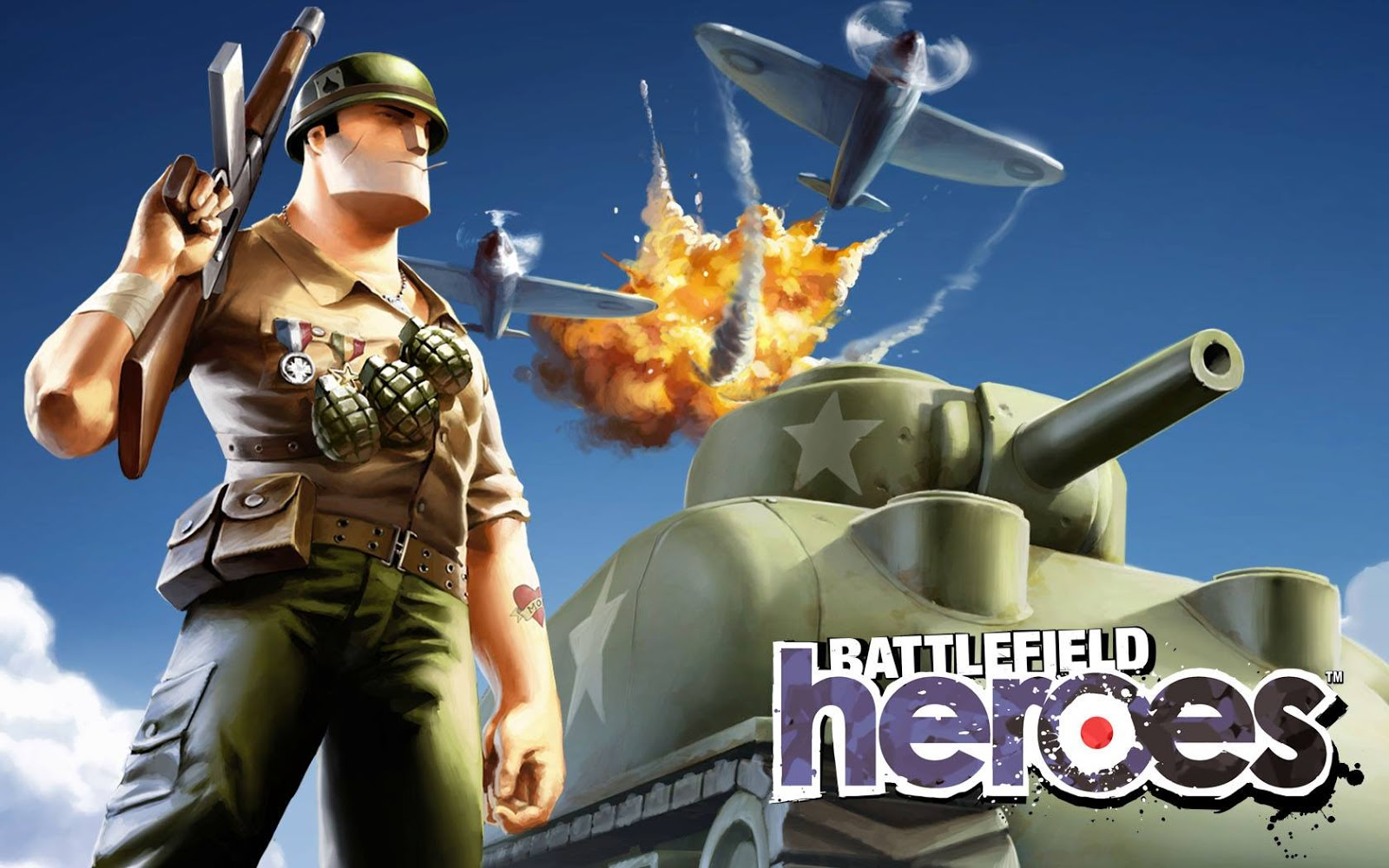 Cell shaded screenshot of a WW2 soldier with a gun, a tank behind them, and two planes dogfighting in the sky above..