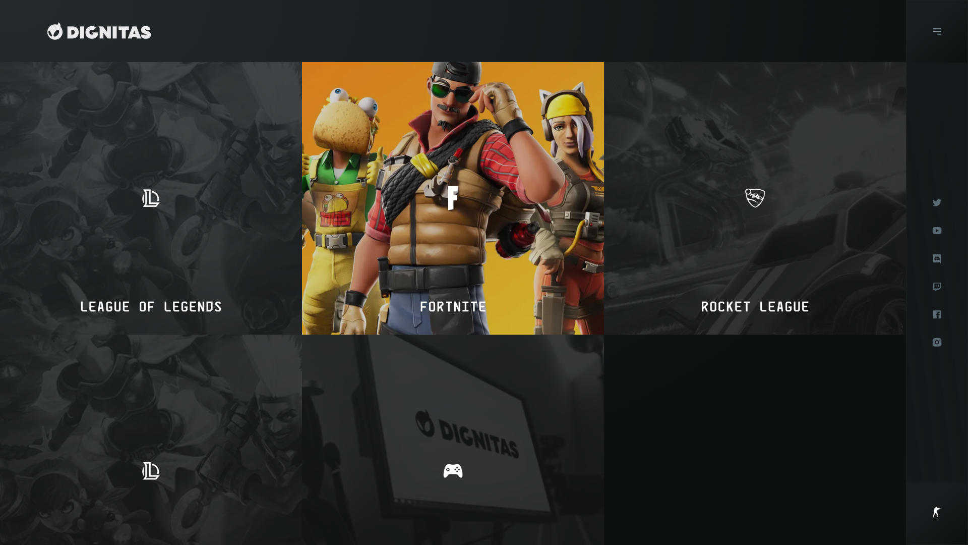 A screenshot from a dignitas.gg game selector page. A grid of game images in black and white, with Fortnite selected. The selected game is in color.