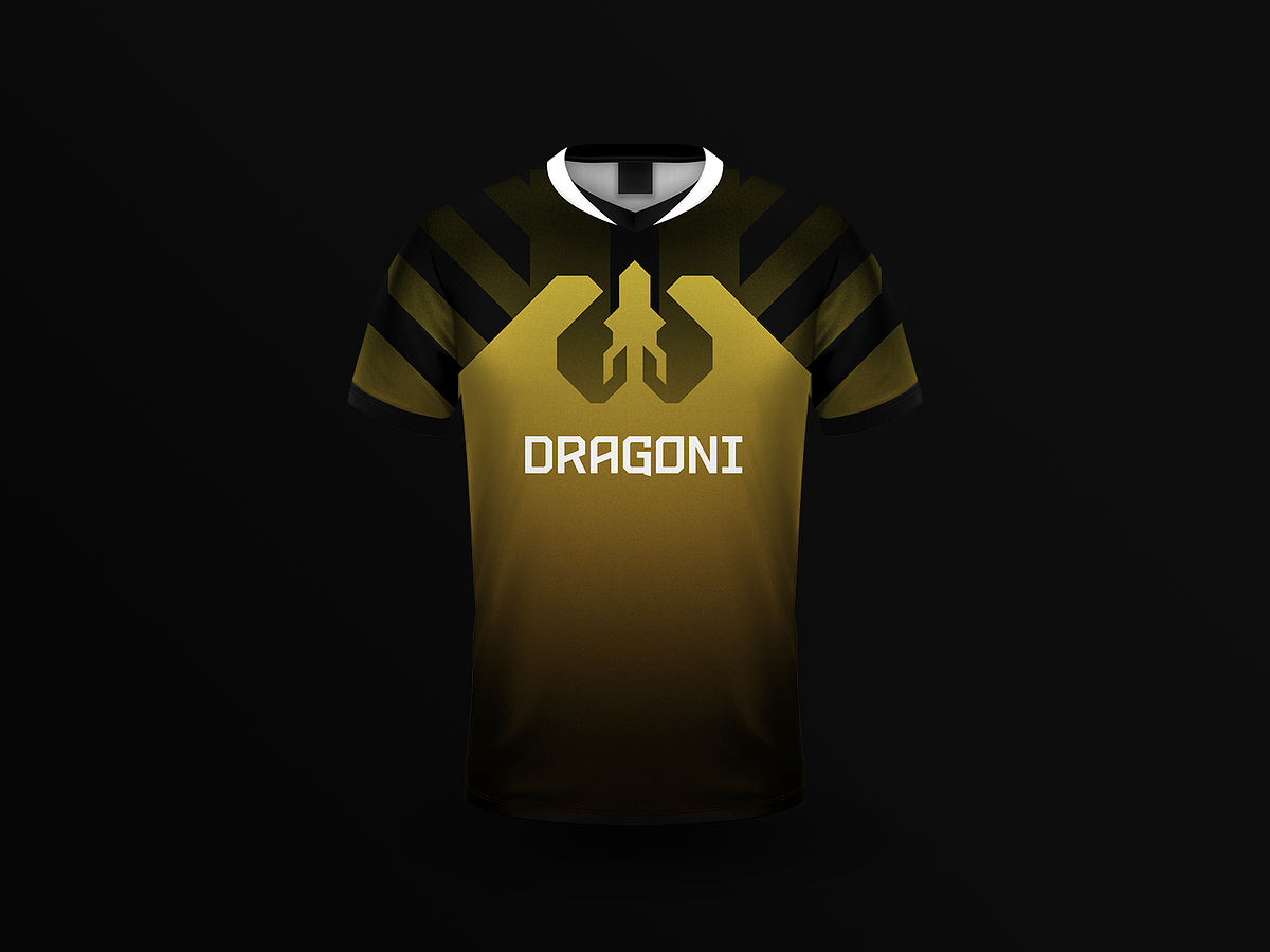 The yellow Dragoni logo mark set on a sports jersey.