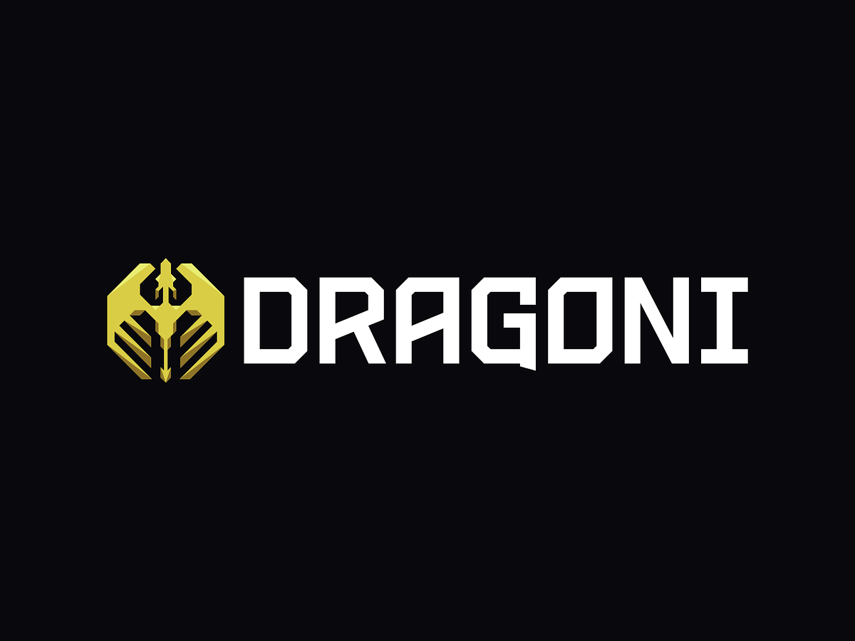 A yellow hexagon shape with a geometric silhouette of a dragon in the middle. The text reads Dragoni in a similar futuristic geometric style.