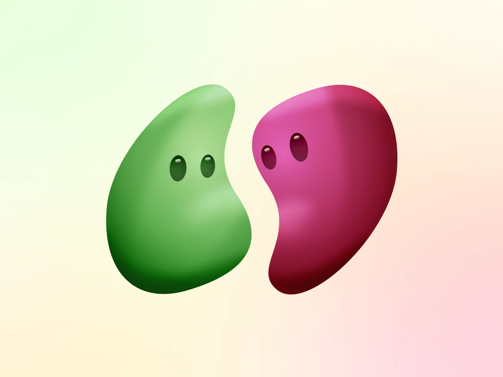 A stylized version of the Knomii logo. Two characters face each other. The characters look like jelly beans, one green and one red.