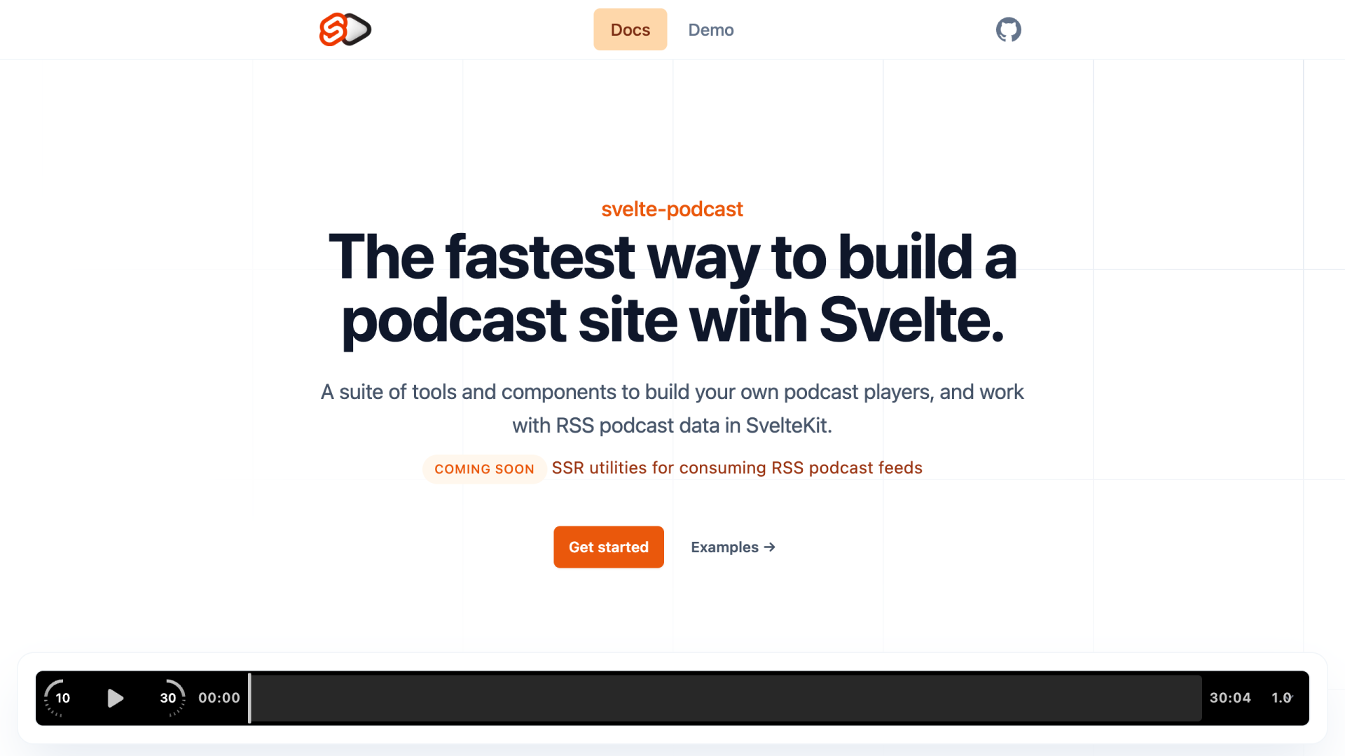 Website screenshot for svelte-podcast titled 'the fastest way to build a podcast site with svelte', includes an audio media player.